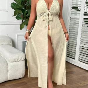 Plus Size Crochet Boho Beach Swimsuit Cover Up Lace-Up Long Blouse Hollow Out Open-Front Cover-Up Duster Kimono Beach Dress - Image 6