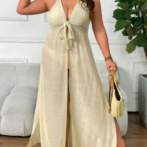 Plus Size Crochet Boho Beach Swimsuit Cover Up Lace-Up Long Blouse Hollow Out Open-Front Cover-Up Duster Kimono Beach Dress - Image 4