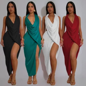 Satin Swing Collar Dress Evening Club Wear Dresses Women Summer Halter Sexy Bodycon Long Party Elegant Prom V Neck Dress - Image 1