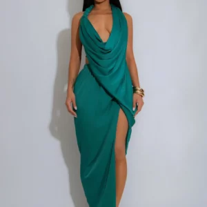 Satin Swing Collar Dress Evening Club Wear Dresses Women Summer Halter Sexy Bodycon Long Party Elegant Prom V Neck Dress - Image 4
