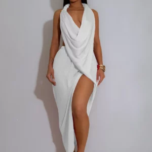 Satin Swing Collar Dress Evening Club Wear Dresses Women Summer Halter Sexy Bodycon Long Party Elegant Prom V Neck Dress - Image 6