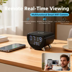 4K UHD WiFi6 Camera with 16GB SD Card, 5-in-1 Multifunctional: Wireless Phone Charger, Clock, Alarm, Room Thermometer - Image 5