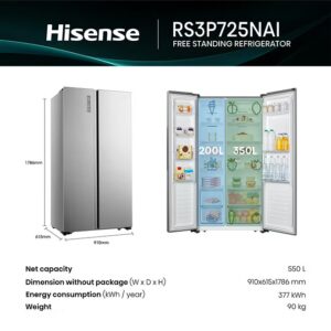 Hisense 670L Gross / 550L Net Capacity Side By Side Refrigerator, Total No Frost, Inverter, Multi Air Flow Super Cool RS3P725NAI Silver - Image 7
