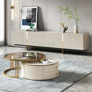 Modern White TV Unit Tv Stand And Coffee Table Set Stone Top Black Entertainment Center Cabinet For Living Room Furniture - Image 2