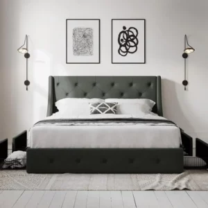 A Queen Bed Frame with 4 Storage Drawers and Wingback Headboard, Button Tufted Design, No Box Spring Needed, Dark Grey - Image 3