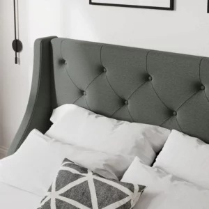 A Queen Bed Frame with 4 Storage Drawers and Wingback Headboard, Button Tufted Design, No Box Spring Needed, Dark Grey - Image 4