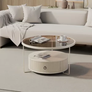 Small Apartment Changhong Glass Coffee Table Cream Wound Sofa Drawer Round Internet Celebrity Mini Slab Side Storage - Image 2