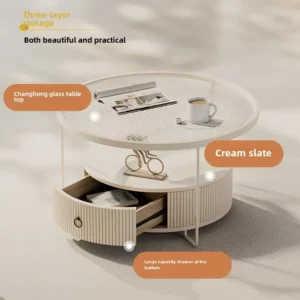 Small Apartment Changhong Glass Coffee Table Cream Wound Sofa Drawer Round Internet Celebrity Mini Slab Side Storage - Image 3