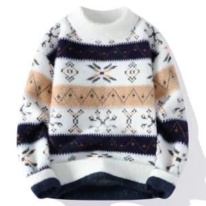 Winter Plaid Mink Cashmere Sweater Men O neck Mens Sweaters Top Quality Knit Sweater Thick Warm Pullover Men - Image 2