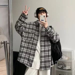2026 New Men's Houndstooth Button-up Cardigan Jackets High Street Fashion Plaid Long Sleeve Shirts Pocket Y2K Outerwear Jacket - Image 2