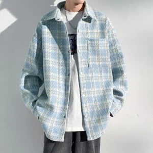 2026 New Men's Houndstooth Button-up Cardigan Jackets High Street Fashion Plaid Long Sleeve Shirts Pocket Y2K Outerwear Jacket - Image 4
