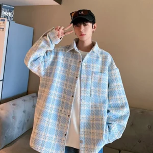 2026 New Men's Houndstooth Button-up Cardigan Jackets High Street Fashion Plaid Long Sleeve Shirts Pocket Y2K Outerwear Jacket - Image 5