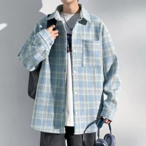 2026 New Men's Houndstooth Button-up Cardigan Jackets High Street Fashion Plaid Long Sleeve Shirts Pocket Y2K Outerwear Jacket - Image 6