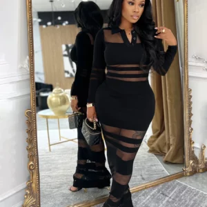 Kliou Sexy See Through Long Dress Woman Polo-Neck Full Sleeve Skinny Peach Hip High Waist Midnight Club Party Elegant Vestidos - Image 1