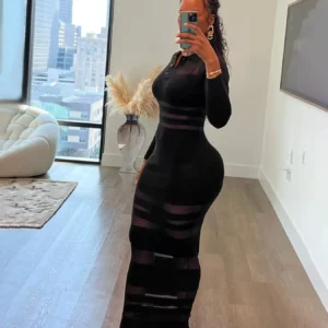 Kliou Sexy See Through Long Dress Woman Polo-Neck Full Sleeve Skinny Peach Hip High Waist Midnight Club Party Elegant Vestidos - Image 3