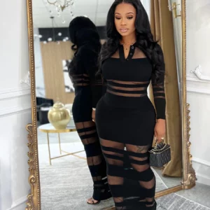 Kliou Sexy See Through Long Dress Woman Polo-Neck Full Sleeve Skinny Peach Hip High Waist Midnight Club Party Elegant Vestidos - Image 4