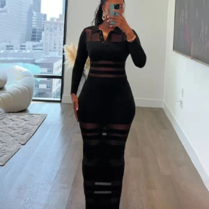 Kliou Sexy See Through Long Dress Woman Polo-Neck Full Sleeve Skinny Peach Hip High Waist Midnight Club Party Elegant Vestidos - Image 5