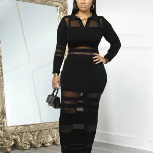 Kliou Sexy See Through Long Dress Woman Polo-Neck Full Sleeve Skinny Peach Hip High Waist Midnight Club Party Elegant Vestidos - Image 6