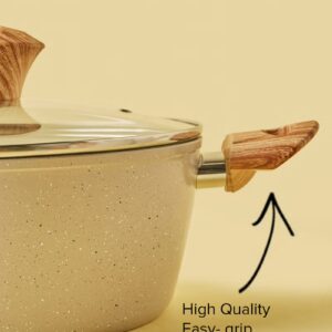 10-Piece Aluminium Pots And Pans Non-Stick Surface Wood Finish Handles Tempered Glass Lids PFOA Free Frying Pan, Casserole With Lid, Saucepan, Grill Pan, Kitchen Tools Beige - Image 3