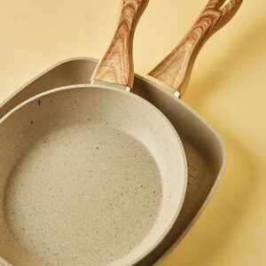 10-Piece Aluminium Pots And Pans Non-Stick Surface Wood Finish Handles Tempered Glass Lids PFOA Free Frying Pan, Casserole With Lid, Saucepan, Grill Pan, Kitchen Tools Beige - Image 4