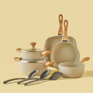 10-Piece Aluminium Pots And Pans Non-Stick Surface Wood Finish Handles Tempered Glass Lids PFOA Free Frying Pan, Casserole With Lid, Saucepan, Grill Pan, Kitchen Tools Beige - Image 6