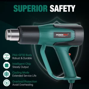 POSENPRO 2000W Hot Air Gun, With 6pcs Accessories (Including 5pcs Nozzles) 2 Adjustable Temperature Ranges of 60-350℃/60-600℃ - Image 4