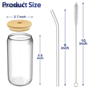 1/4PCS 400ML Glass Cup With Bamboo Lids and Glass Straw Cleaning Brush Beer Can Shaped Tumbler Cup for Cocktail Iced Coffee Cups - Image 7