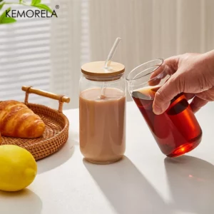 1/4PCS 400ML Glass Cup With Bamboo Lids and Glass Straw Cleaning Brush Beer Can Shaped Tumbler Cup for Cocktail Iced Coffee Cups - Image 5