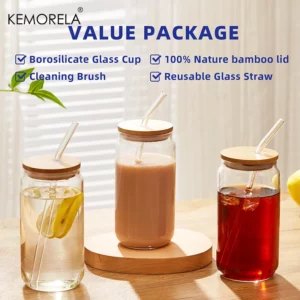 1/4PCS 400ML Glass Cup With Bamboo Lids and Glass Straw Cleaning Brush Beer Can Shaped Tumbler Cup for Cocktail Iced Coffee Cups - Image 3