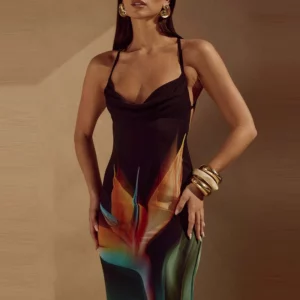 Show Style Sleeveless Halter Evening Dress Vintage Printed Elegant Women Commute Long Dress Summer New Backless Slim Party Dress - Image 1