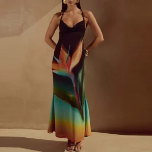 Show Style Sleeveless Halter Evening Dress Vintage Printed Elegant Women Commute Long Dress Summer New Backless Slim Party Dress - Image 7