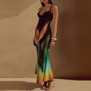 Show Style Sleeveless Halter Evening Dress Vintage Printed Elegant Women Commute Long Dress Summer New Backless Slim Party Dress - Image 5