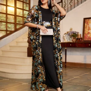 Uni Saudi Moroccan Fashion Sequins Women 2 Pieces Set Sleeveless Under Dress And Kimono Overcoat With Sashes Dubai Abayas - Image 6