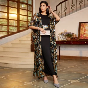 Uni Saudi Moroccan Fashion Sequins Women 2 Pieces Set Sleeveless Under Dress And Kimono Overcoat With Sashes Dubai Abayas - Image 5