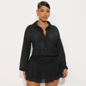 CUTENOVA Women'S Fall New Arrival Solid Color Mesh Sheer Casual Shirt Lapel Collar Ruffled Skirt Hem Long Sleeve Mini Dress - Image 2