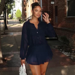 CUTENOVA Women'S Fall New Arrival Solid Color Mesh Sheer Casual Shirt Lapel Collar Ruffled Skirt Hem Long Sleeve Mini Dress - Image 5