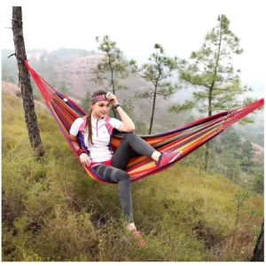 Double Hammock 2 Person Canvas Cotton Hammock with Tree Straps for Patio Garden Backyard Outdoor and Indoor (Red, Blue) - Image 2