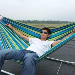 Double Hammock 2 Person Canvas Cotton Hammock with Tree Straps for Patio Garden Backyard Outdoor and Indoor (Red, Blue) - Image 5