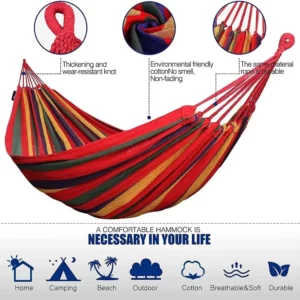 Double Hammock 2 Person Canvas Cotton Hammock with Tree Straps for Patio Garden Backyard Outdoor and Indoor (Red, Blue) - Image 3