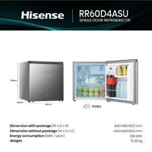 Hisense Gross 60L/Net 45L Single Door Refrigerator Minibar Fridge RR60D4ASU, Adjustable Thermostat, Big Door Balcony, Separate Chiller, Low Noise RR60D4ASU Silver - Image 5