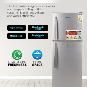 200L Gross/138L Net Capacity, Direct Cool Double Door Defrost Refrigerator With Grip Handle| Silver Finish, Glass Shelves, Transparent Door Basket, Adjustable Front Wheel, Lock & Key, Low Noise, Quick Cooling, Low Voltage,Freezer- 40L capacity GRF2209SXE Silver - Image 3