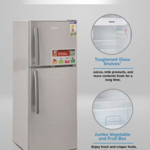 200L Gross/138L Net Capacity, Direct Cool Double Door Defrost Refrigerator With Grip Handle| Silver Finish, Glass Shelves, Transparent Door Basket, Adjustable Front Wheel, Lock & Key, Low Noise, Quick Cooling, Low Voltage,Freezer- 40L capacity GRF2209SXE Silver - Image 5