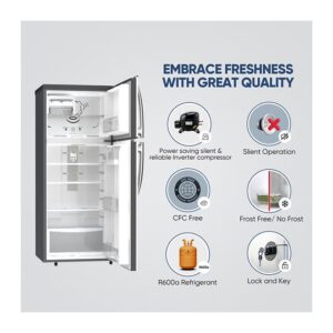 425L Gross / 254L Net, Double Door Top Mount Refrigerator, No Frost Fridge, Toughened Glass Shelves, R600A Refrigerant, Best For Home And Office, 10 Years Inverter Compressor Warranty, Made In India 400.04 kW NRF425FSS Grey - Image 7