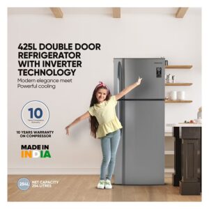 425L Gross / 254L Net, Double Door Top Mount Refrigerator, No Frost Fridge, Toughened Glass Shelves, R600A Refrigerant, Best For Home And Office, 10 Years Inverter Compressor Warranty, Made In India 400.04 kW NRF425FSS Grey - Image 8