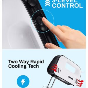 Hand Mixer- GHM43030/ 150 W, 3 Speed Control, Eject Button and Overheat Protection/ Perfect for Kneading Dough, Mixing Batter, Whisking Eggs, etc./ Includes 2 Attachments, Hooks and Beater/ Black and White, 2 Years Warranty 150 W GHM43030 white - Image 4