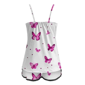 Butterfly Print Camisole Shorts 2 Piece Womens Sexy Sleepwear Lace Backless Trim Lingerie Hot Sleeveless Tops+Shorts Clothes - Image 6