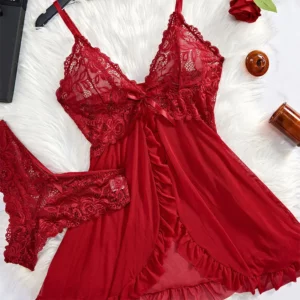 Sexy Sleepwear For Sleeping Night Dress Women Lingеrie Sets Deep V Slip Nightgowns And Panties Lace Ruffle Trim Underwear Pajama - Image 4