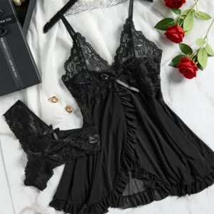 Sexy Sleepwear For Sleeping Night Dress Women Lingеrie Sets Deep V Slip Nightgowns And Panties Lace Ruffle Trim Underwear Pajama - Image 6