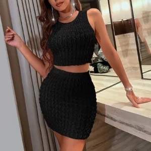 Summer Womens Sexy Elegant Round Neck Sleeveless Crop Tops High Waist Hip Wrap Short Skirt Suit Evening Party Knitted Skirt Set - Image 4