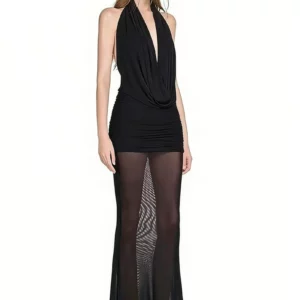 Weird Puss Sexy Backless Dress Women Classic Ruched Swing Collar See Through Hem Stretch Halter Dress+Furry Sashes Slim Bodycon - Image 3